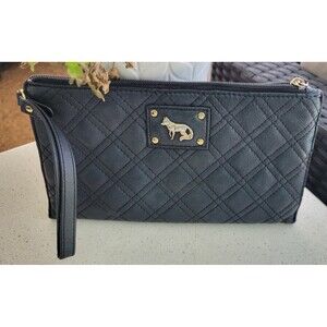 Emma Fox Elegant Black Quilted Leather Designer Wristlet Clutch Gold Logo